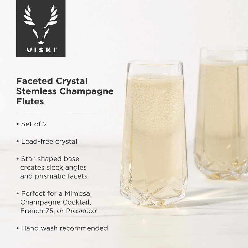 Viski Seneca Faceted Stemless Champagne Flutes, Crystal Clear Sparkling Wine Glasses for Prosecco, Sparkling Cocktails, Mimosas, Elegant Glassware for Wedding Gifts, Home Bar, 10 oz, Set of 2 - Image 2